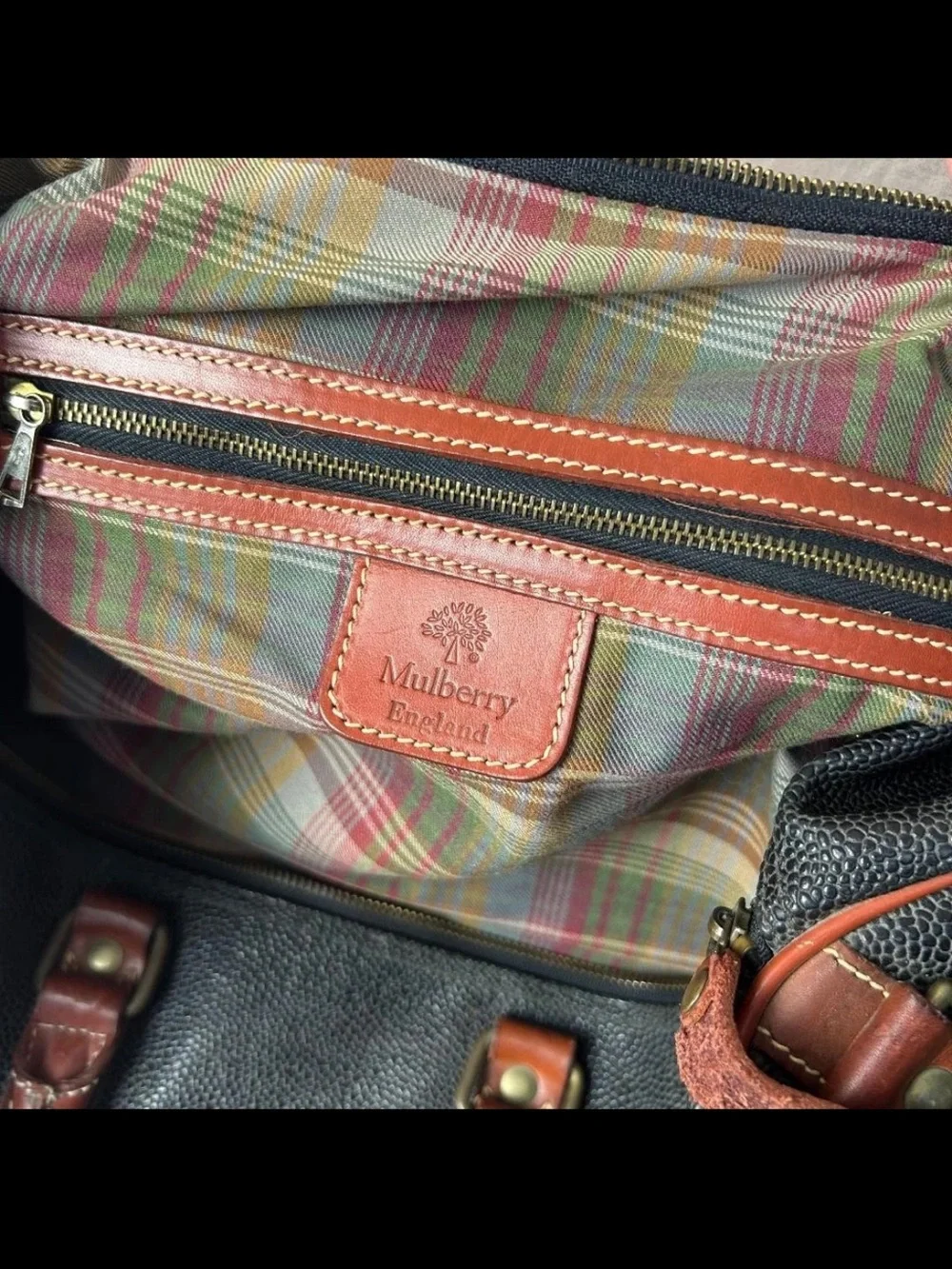 Mulberry Navy Textured Duffel with Brown Leather Trim